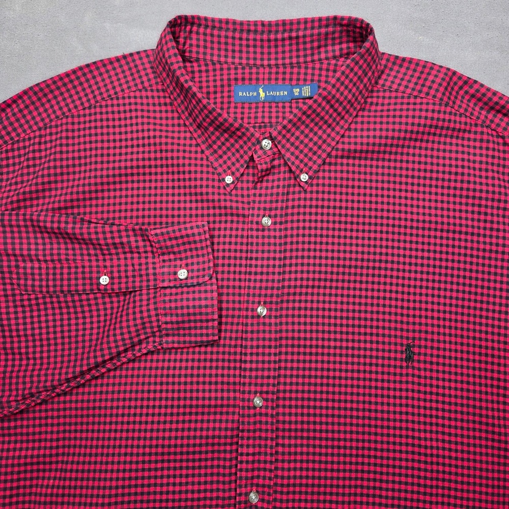 Ralph Lauren Mens 5XB Gingham Button Down Shirt Red Black Long Sleeve Cotton